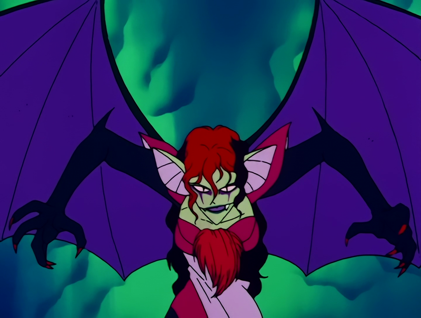 Kyurene, a Youma from Sailor Moon episode 6. She has greenish skin and long red hair, and a number of bat-like features including large ears and giant purple wings. Her arms are black with claw-like hands, and her outfit is magenta, but a large tuft of red hair is visible on her chest.